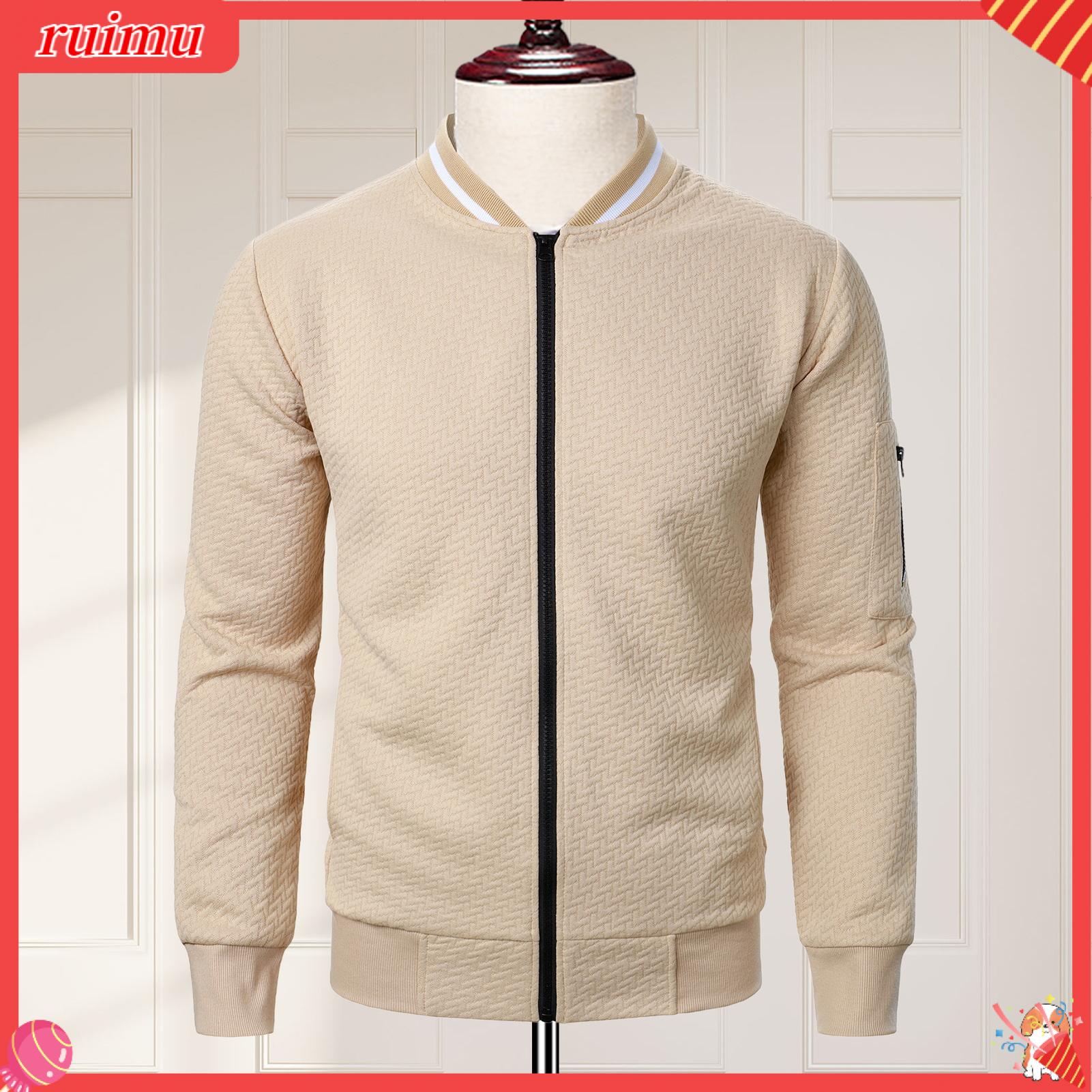 Ruimu màu trơn dài tay áo ngoài trời kéo khóa dạo phố của nam giới thiết kế vải dệt Zip-up Áo khoác giản dị hàng đầu cho ngoài trời dạo phố đứng cổ áo tay áo dài màu trơn vừa rộng cho Nam giới