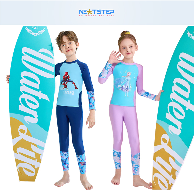 Đồ bơi trẻ em, cho bé trai và bé gái, tay dài quần dài chống nắng, họa tiết hoạt hình phù hợp cho bé từ 14kg đến 45kg