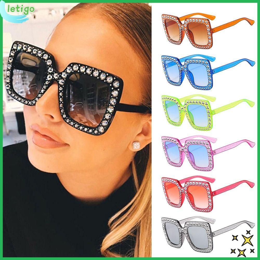 LETIGO Hình vuông Kính râm ngoại cỡ pha lê Lấp lánh Bảo vệ UV400 Che nắng Hoài cổ Khung lớn Kính mắt Phụ nữ