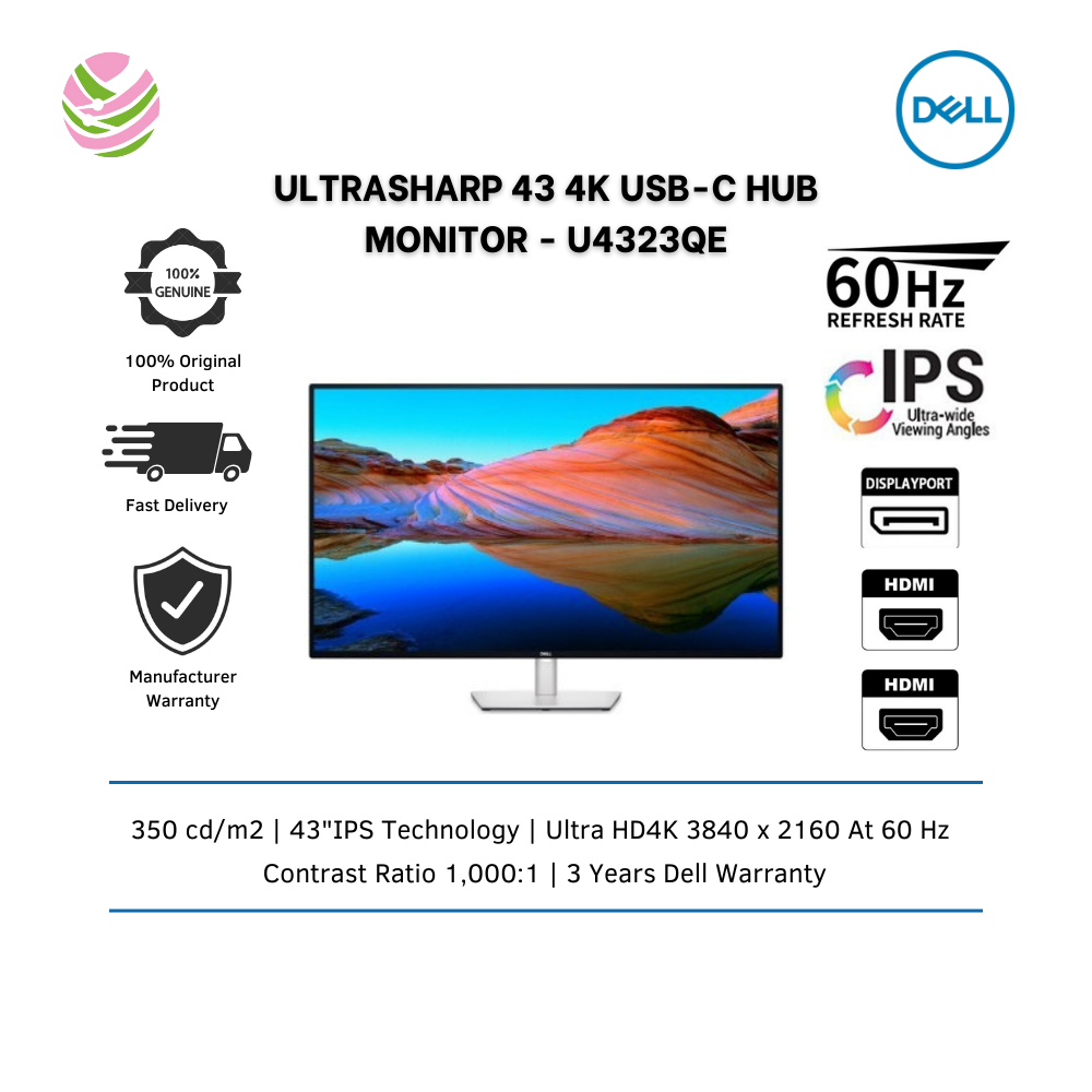 Dell U4323QE UltraSharp 43" 4K 3840 x 2160 UHD USB C Hub IPS LED Monitor with Speakers (2 x DP, 2 x HDMI, USB C, LAN)