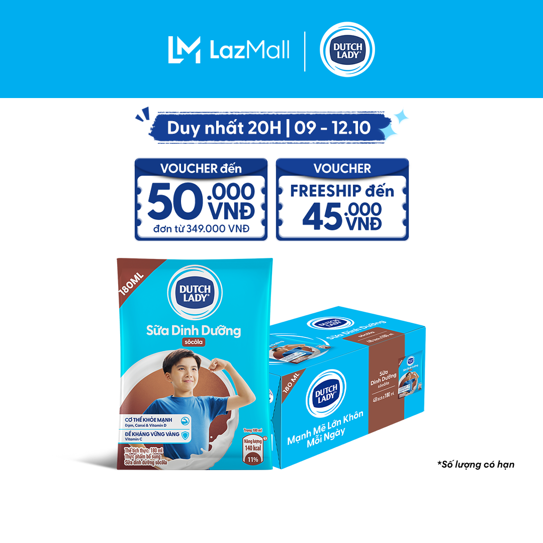 Thùng 48 Bịch Sữa Dinh Dưỡng Dutch Lady Cô Gái Hà Lan Hương Socola 180ml (48x180ml)
