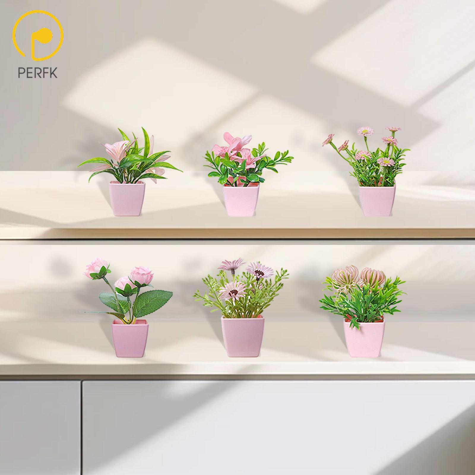 Perfk 6x Artificial Pot Flowers Fake Flowers with Vase Floral Decoration Mini Potted Plants for Office Desk Dinning Room Wedding ราคา 198 บาท*ส่งฟรี