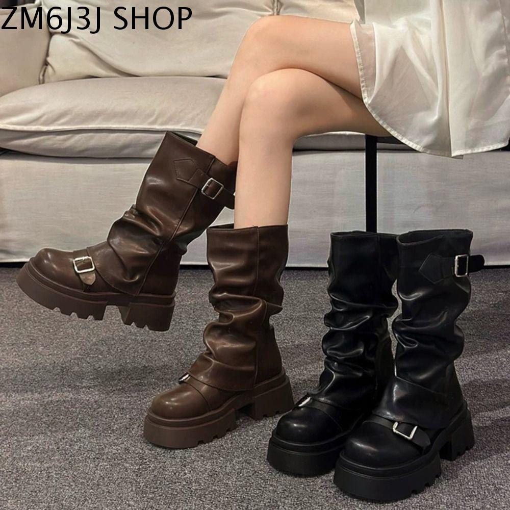 ZM6J3J Nền tảng Giày bốt nữ cho người đi xe máy Khóa thắt lưng Thiết kế mới Giày bốt ống giữa phong cách punk Y2K Thường ngày Đấu sĩ Giày bốt cao đến đầu gối cho nữ Các cô gái
