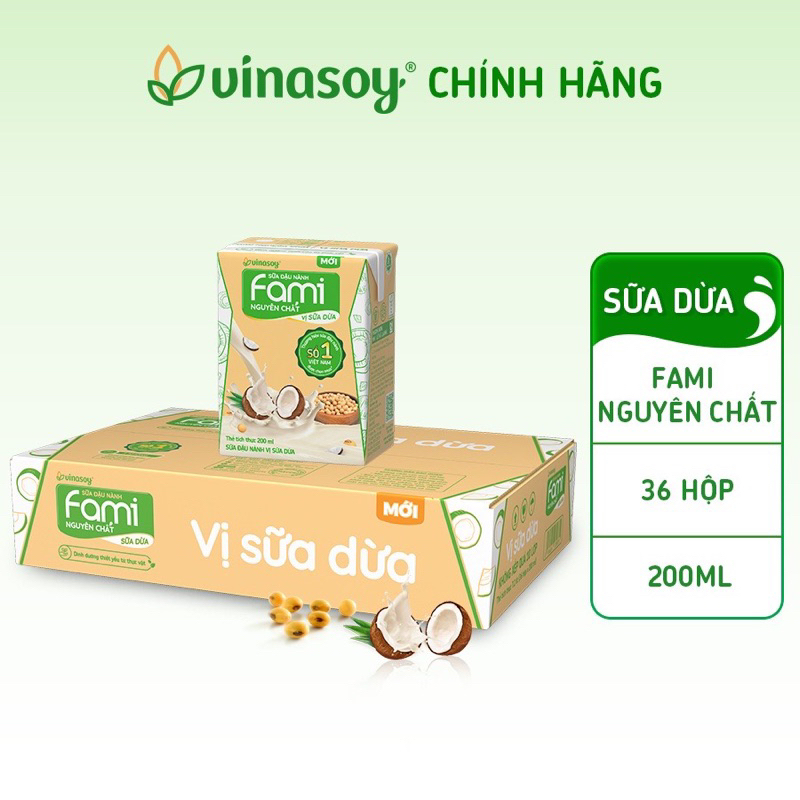 Thùng sữa đậu nành Fami Nguyên Chất vị Sữa dừa (36 hộp x 200ml)