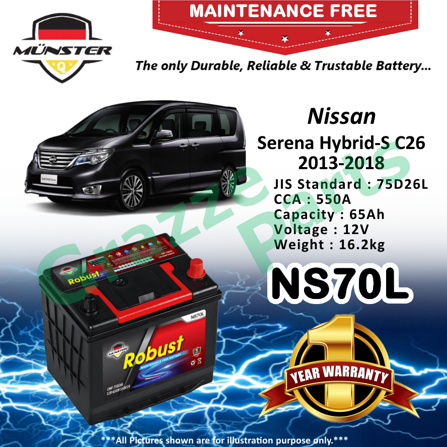 Mnster Robust MF CMF NS70 | NS70L | 75D26L (65AH) Car Battery Bateri Kereta for Nissan Serena Hybrid-S C26 2013-2018