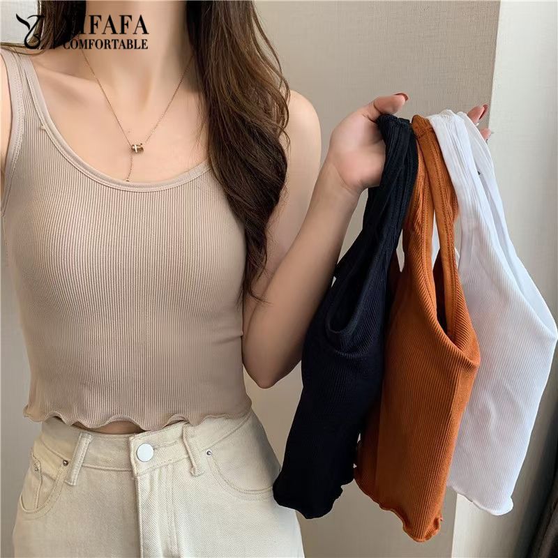 YIFAFA เสื้อกล้าม ครอป เสื้อสายเดี่ยว แฟชั่น ผ้าร่องยืด บรา ฟองน้ำในตัว แบบสวม ฟรีไซส์ ขอบระบาย เสื้อผ้าแฟชั่น ราคา 45 บาท*ส่งฟรี