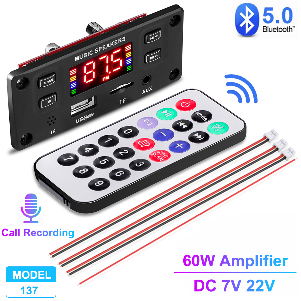 60w khuếch đại máy nghe nhạc mp3 7v-22v bluetooth 5.0 bảng mạch giải mã mp3 âm thanh không dây máy nghe nhạc ghi âm cuộc gọi fm mô-đun radio usb tf aux