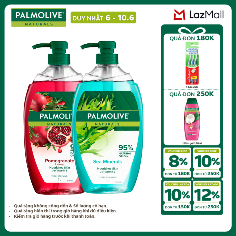 [Chỉ 6-10.6_X2 Voucher giảm 22%] Bộ 2 Sữa tắm Palmolive dạng gel chiết xuất Lựu  Xoài và Muối biển cho da mềm mịn, thơm sảng khoái 1L