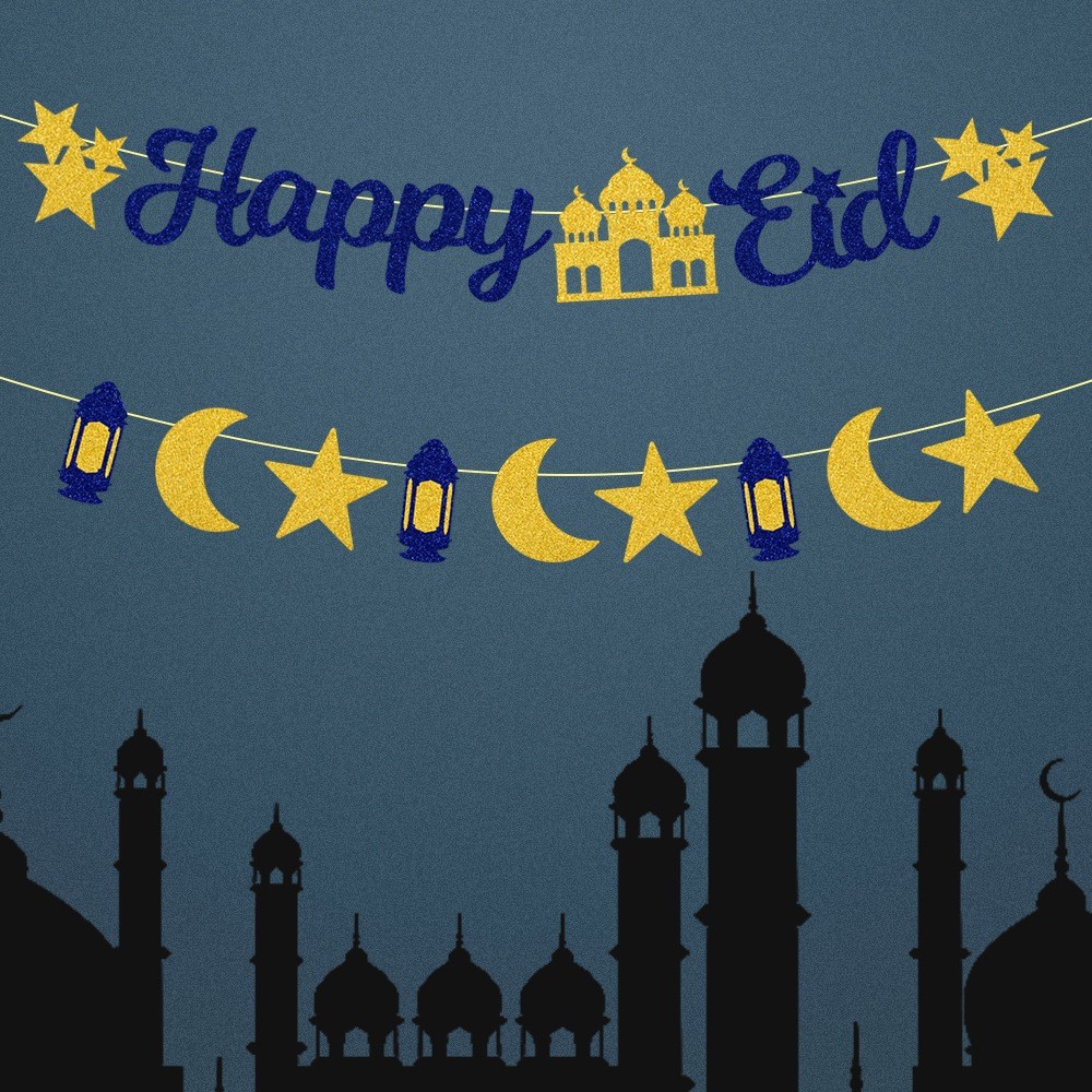 Chúc mừng EID al-fitr ramadan trang trí tiệc hành tây vàng Banner Trang trí lễ hội mặt trăng sao mặt trăng mặt dây chuyền hoa