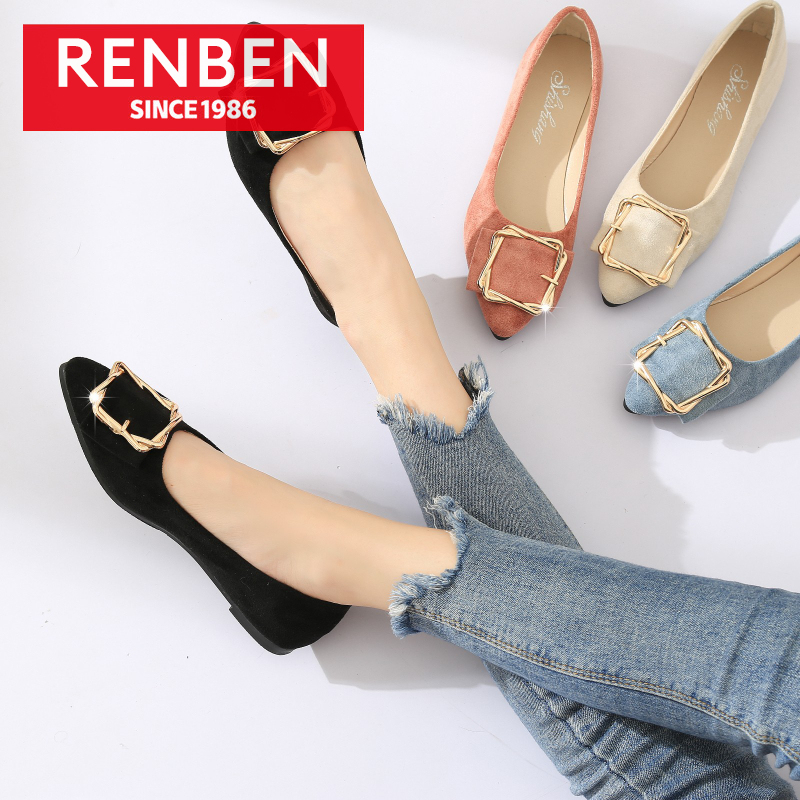 RENBEN Square buckle single shoes women's new shallow mouth pointed head low heel casual shoes Doudou shoes