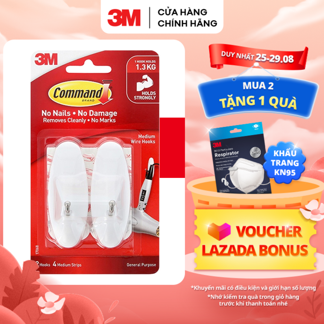 Móc dán tường đầu kim loại 3M™ Command™, 17068, tải trọng 1.3kg, bám cực chắc, vỉ 2 cái, Dùng sắp xếp nhà cửa