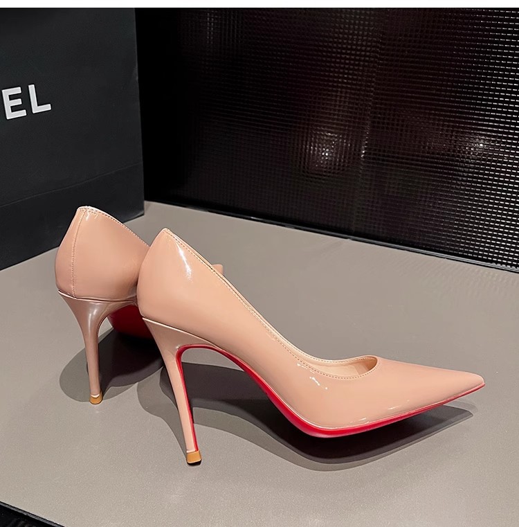 Giày cao gót đế màu đỏ Giày cao gót da bóng độc quyền kiểu dáng cá tính mới màu nude cao cấp màu đen Giày gót nhọn cho nữ