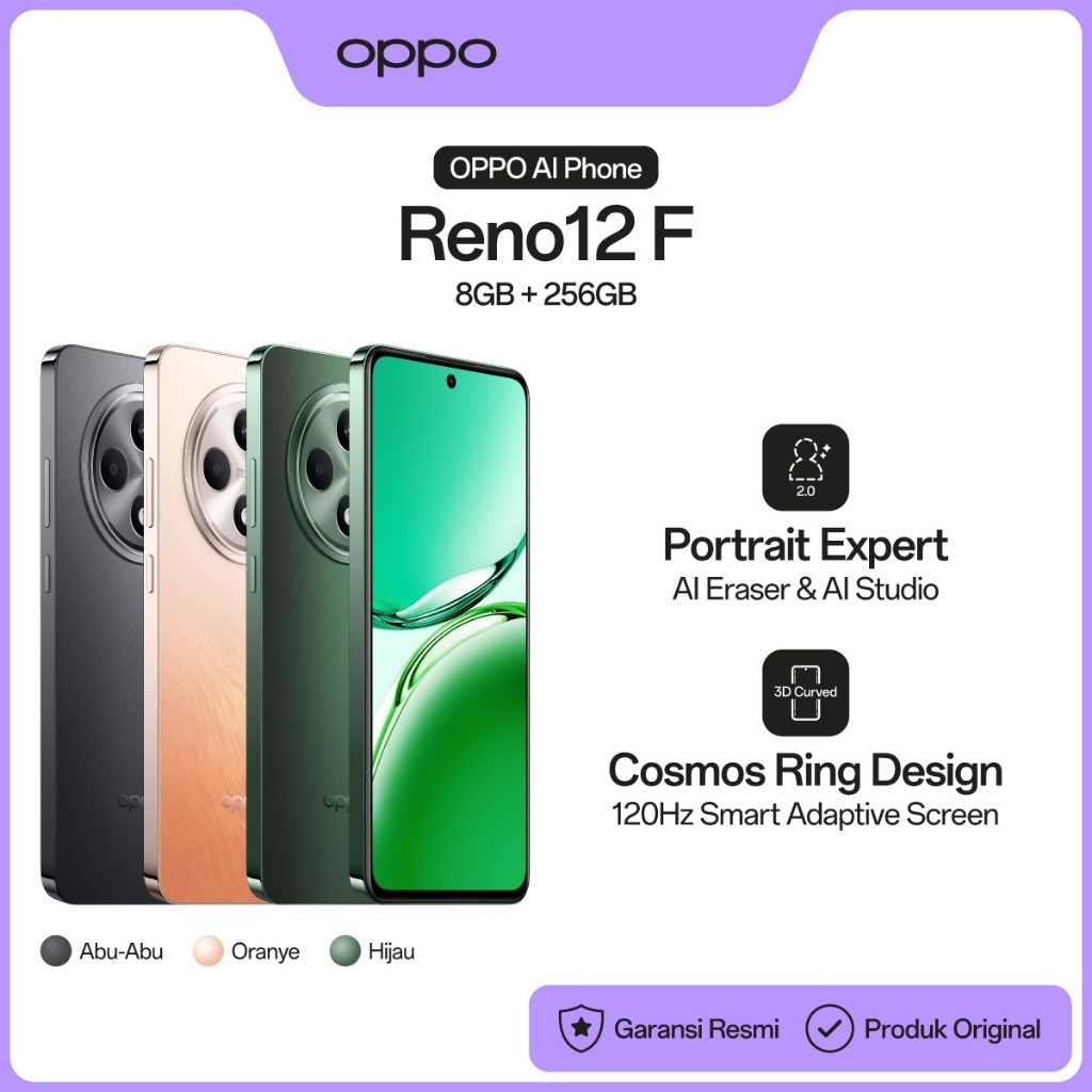 OPPO Reno12 F [8GB/256GB] - AI Portrait Expert,120Hz Smart Adaptive Screen, AI LinkBoost SUPERVOOC 45W 5000mAh Harga 4,399,000 rupiah*Gratis Ongkir