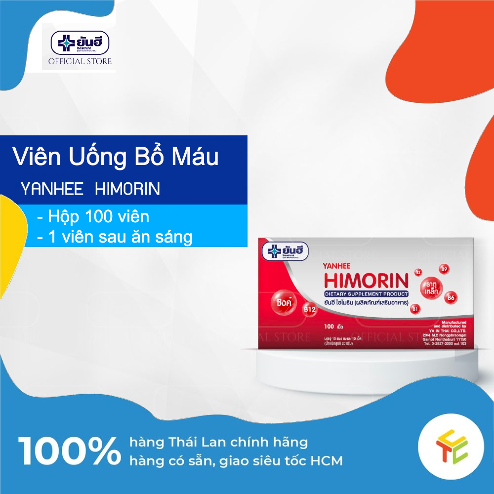 Hộp 100 viên Yanhee Himorin, bổ máu, bổ sung sắt vitamin B hàng nội địa Thái Lan