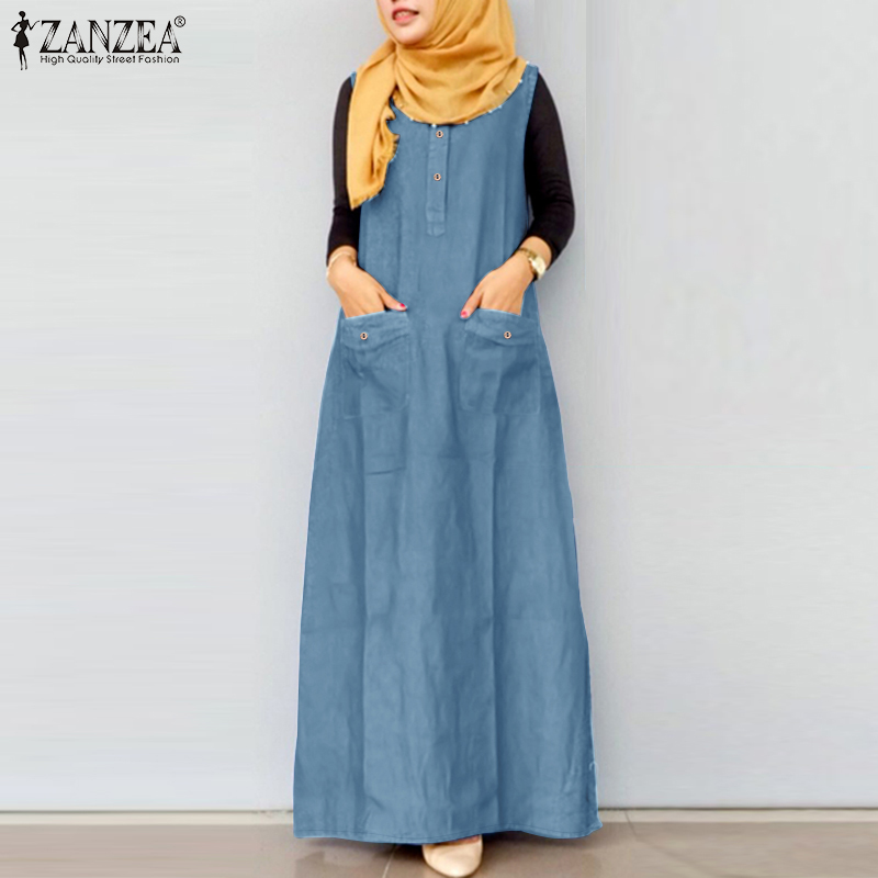 denim dress muslimah malaysia Modern Muslim Women's Relaxed Denim Maxi Dress