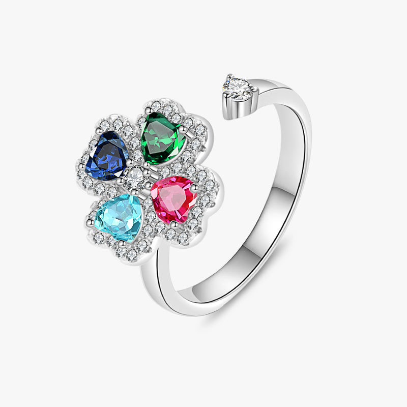 Rotatable Lucky Four-leaf Clover Ring, Luxury Inlaid Color Zircon Heart-shaped Petal, Spinable Stress Relief Finger Ring