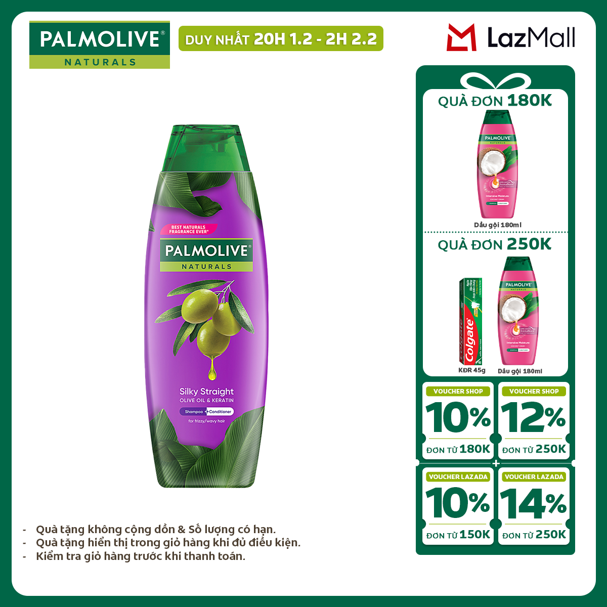[Chỉ 20H 1.2 - 2H 2.2_X2 Voucher giảm 26%] Dầu gội Palmolive kèm dầu xả 2-trong-1 chiết xuất thiên n