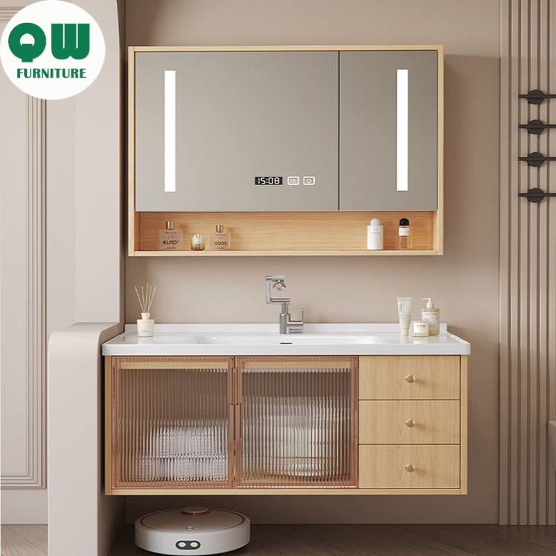 ตู้เก็บของห้องน้ำไม้เนื้อแข็งห้องน้ำตู้กระจกอัจฉริยะชุดอ่างล้างหน้าห้องน้ำ ราคา 8,000 บาท*ส่งฟรี