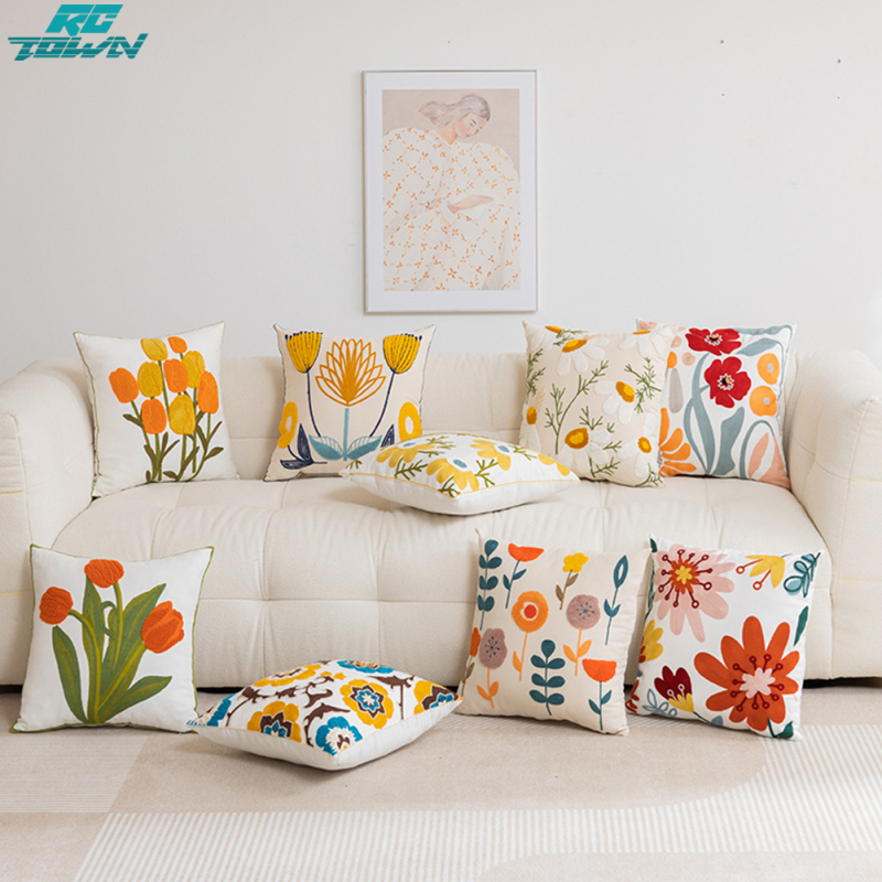 Embroidery Flowers Pillow Cases Square Throw Pillow Cover Farmhouse Decor For Couch Sofa Bed Living Room Bedroom ราคา 148 บาท*ส่งฟรี
