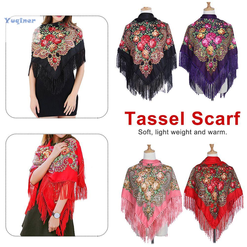 Yuqiner bông khăn quàng Pashmina dài cỡ lớn cổ điển phong cách Nga khăn choàng khăn quàng vuông khăn choàng có núm tua