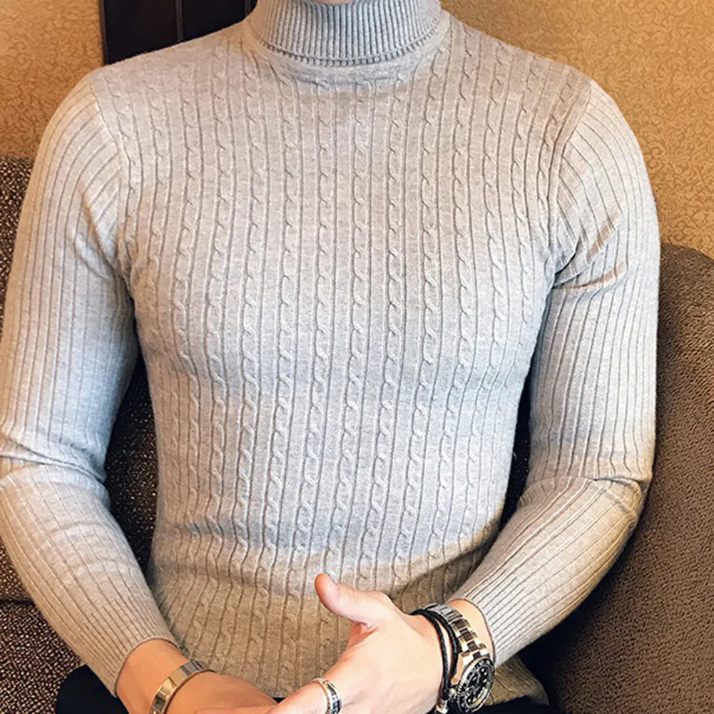 Casual Men Winter Solid Color Turtle Neck Long Sleeve Twist Knitted Slim Sweater Men's Knitted Sweaters Pullover Men999_voghion.com