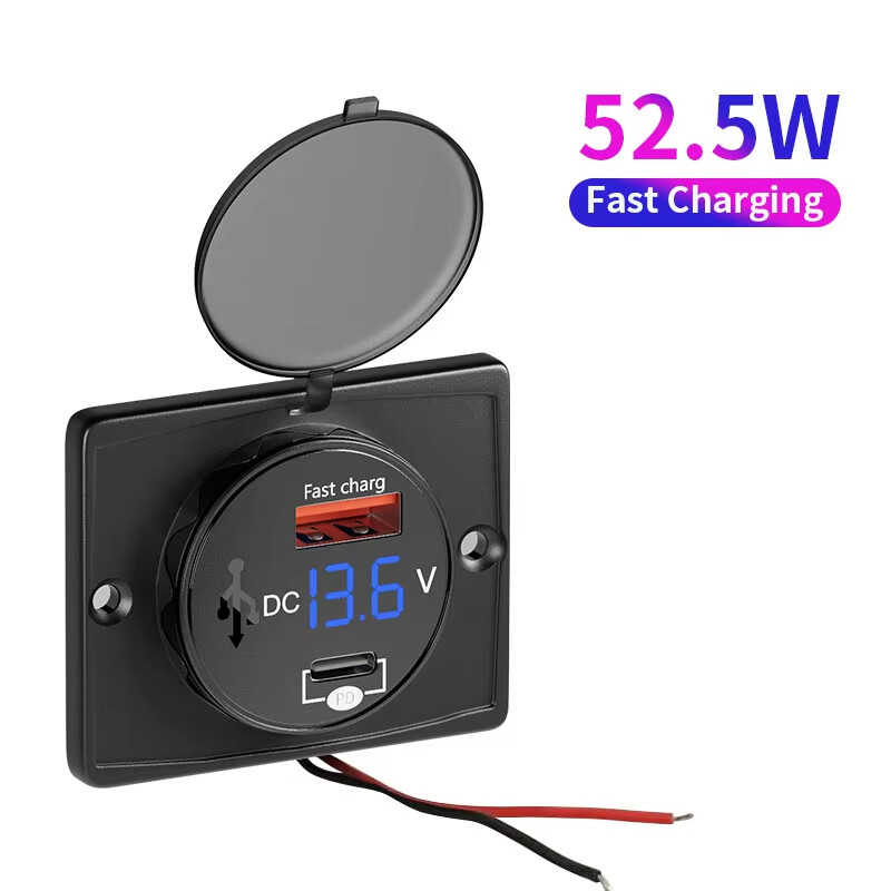 YOUYUEPINK ช่องเสียบสายชาร์จรถ12/24V พร้อมจอแสดงแรงดันไฟฟ้า52.5W อะแดปเตอร์ชาร์จ QC3.0 PD พอร์ตแบบคู่ชาร์จเร็วสำหรับเรือ RV รถยนต์รถบัสบรรทุกรถจักรยานยนต์ ราคา 84 บาท*ส่งฟรี