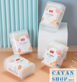Hộp 200 tăm bông 2 đầu cho trẻ em vệ sinh tai, mũi, kháng khuẩn, mềm mịn-GD787-TamHopBB