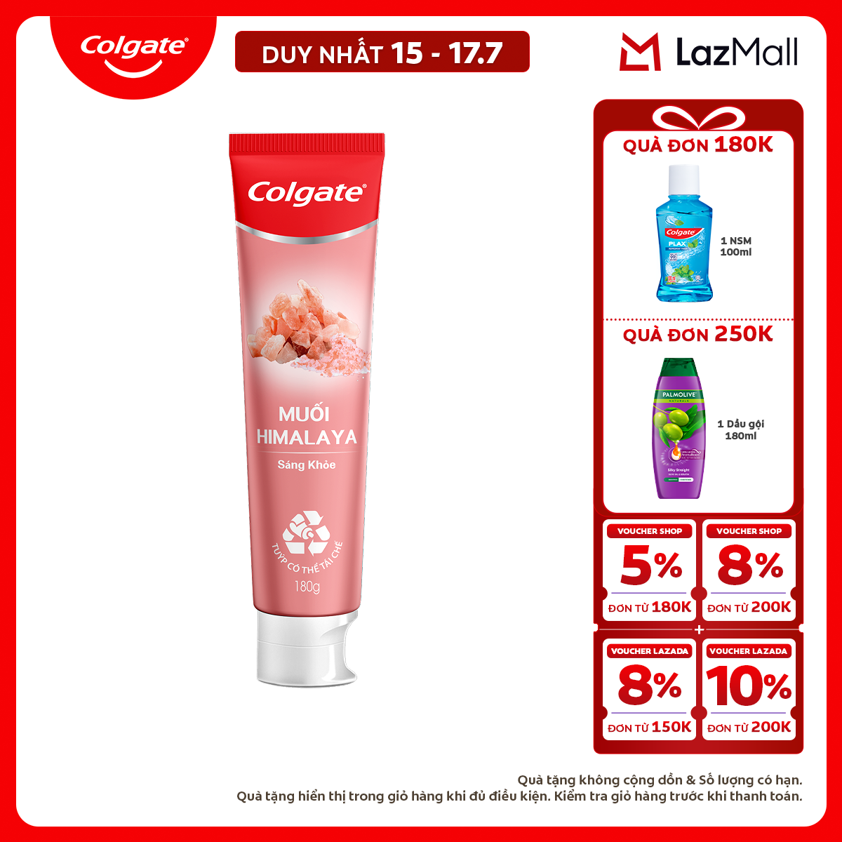 [Chỉ 15-17.7_X2 Voucher giảm đến 18%] Kem đánh răng Colgate thiên nhiên muối Himalaya sáng khỏe 180g