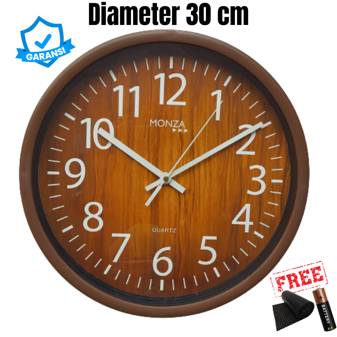 Jam Dinding MONZA M5 Diameter Besar 30cm Minimalis Polos Motif Kayu Vintage Warna Colorful Kartun