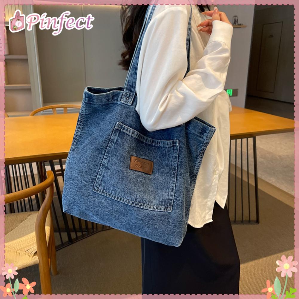 Pinfect Vải denim thời trang túi phong cách Hàn Quốc Túi đeo vai phong cách retro denim túi Tote Vải Túi xách nữ