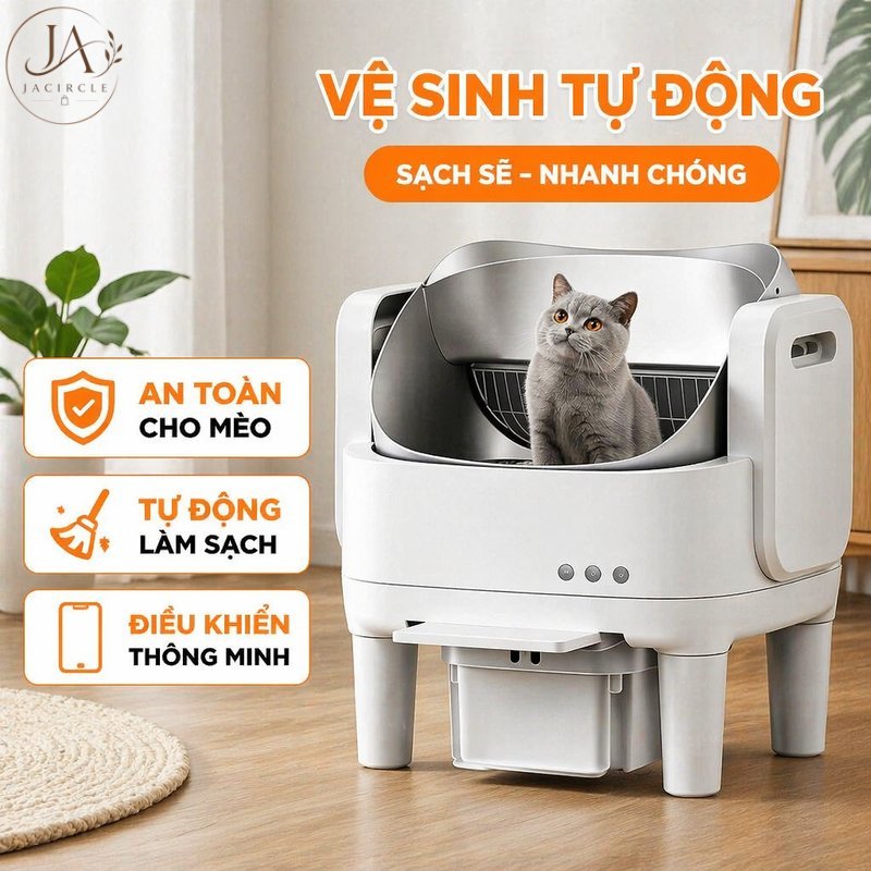 JACIRCLE Máy vệ sinh mèo tự động hộp cát mèo thông minh điều khiển wifi app cảm biến chống kẹt giảm mùi vận hành êm cho nhiều mèo