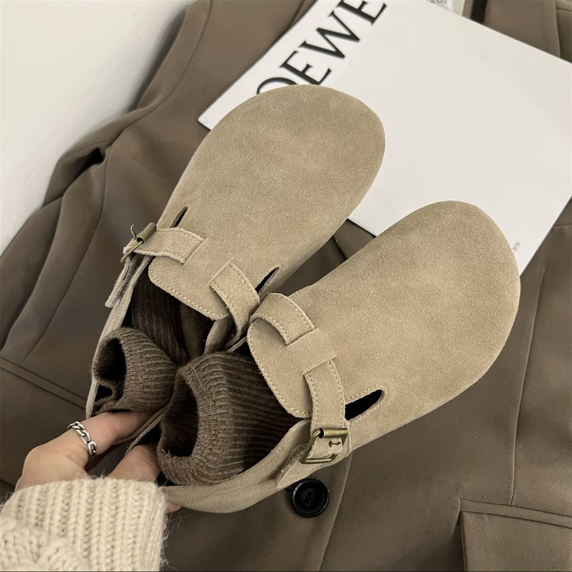 original High-end Birkenstock shoes women's new slip-on lazy bean plus velvet cotton shoes retro ugly soft-soled shoes women's shoes winter