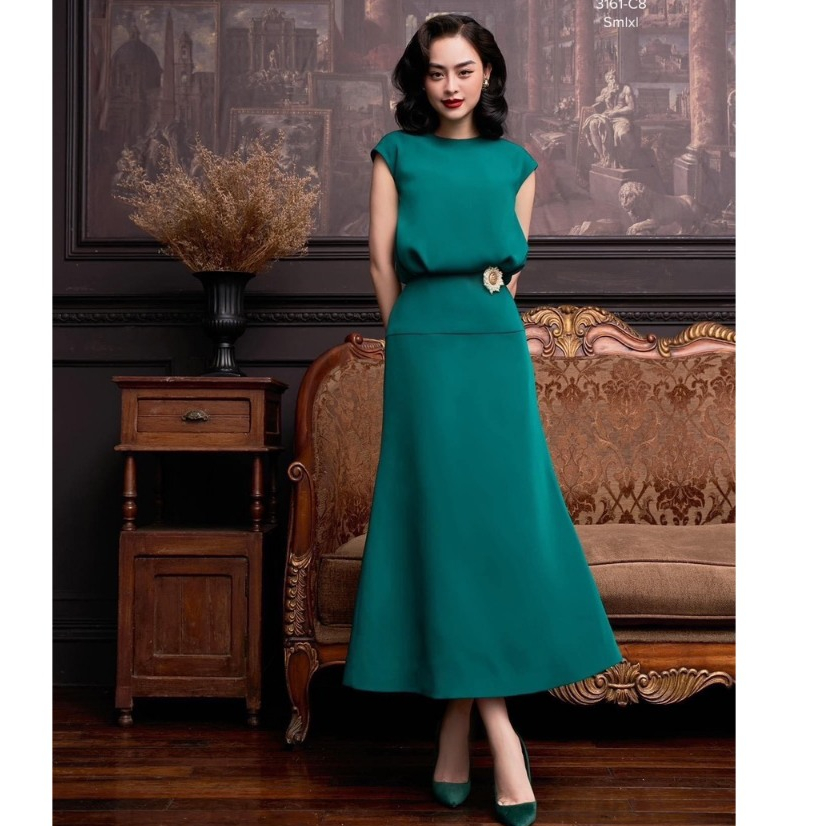 Set đồ nữ tiểu thư sang chảnh công sở dự tiệc áo trượt vai chờm phối chân váy đuôi cá dáng dài sang 