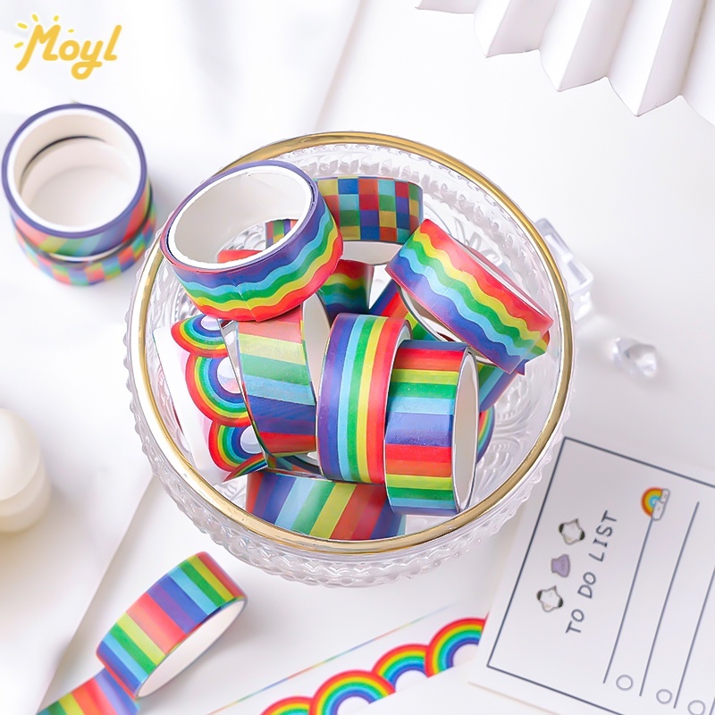 3 cuộn màu cầu vồng loạt băng dính Washi sổ lưu niệm trang trí nguyên liệu tự làm băng dán