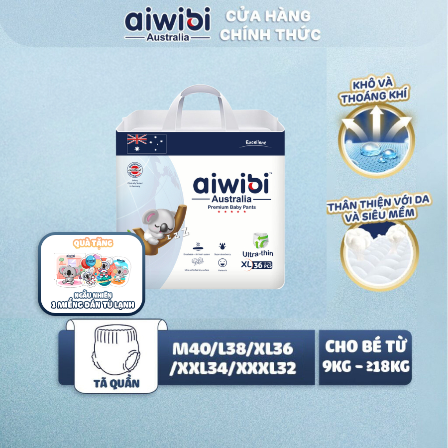 Tã/bỉm quần cao cấp aiwibi light feather hấp thụ tức thời khóa độ ẩm gói lớn m40/l38/xl36/xxl34/xxxl32