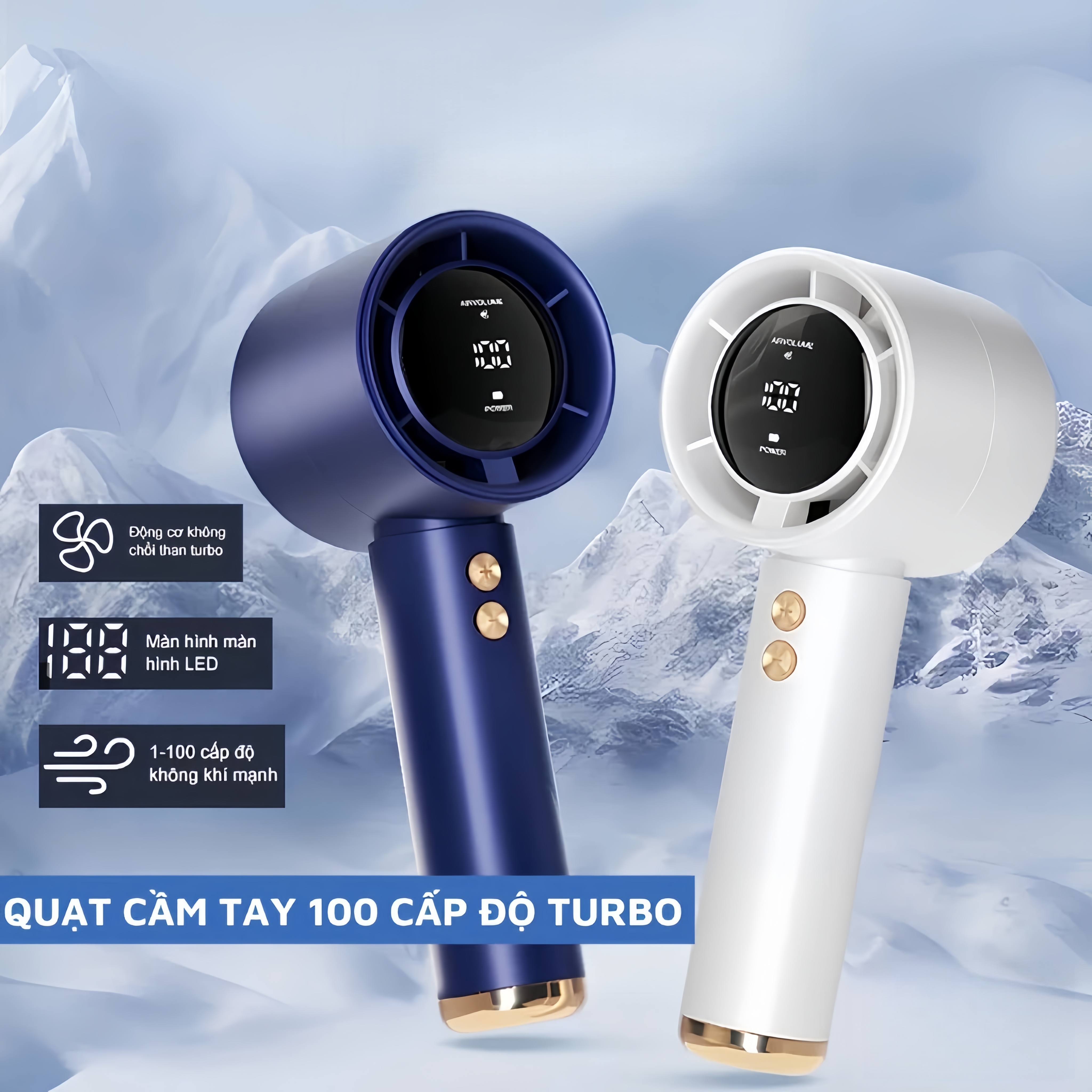 Quạt cầm tay mini 5000mAh tặng dây đeo di động có thể sạc gió mạnh 100 tốc độ turbo phản lực màn hình hiển thị pin