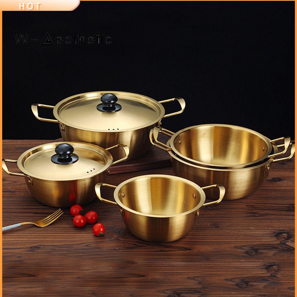 W-AESTHETIC Thép không gỉ Nồi mì ramen mini có nắp Lẩu  Mạ vàng Nồi súp Dụng cụ nấu ăn cắm trại