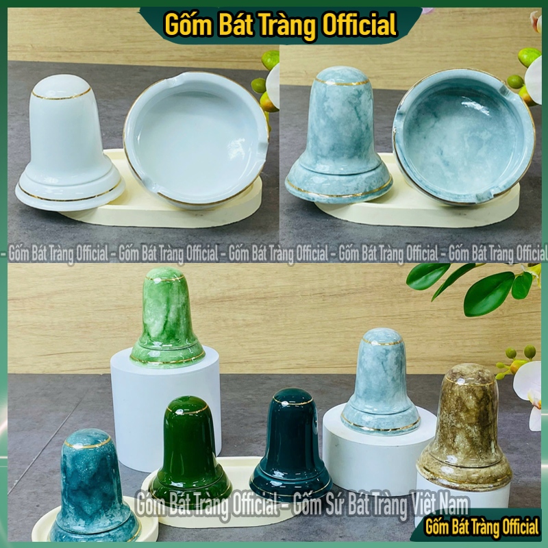 Bộ phụ kiện ống đựng tăm, đựng tàn men vân đá viền vàng Bát Tràng, phụ kiện bàn trà gốm sứ cao cấp