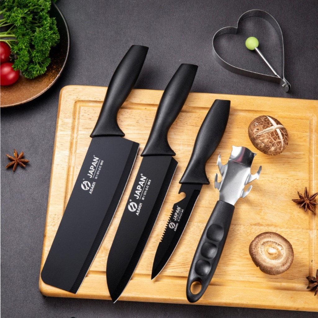 Bộ Dao 5 Món Japan Asakh Bằng Thép Không Gỉ Đen Nhám Cao Cấp Gearshop Sắc Bén, Bền Đẹp