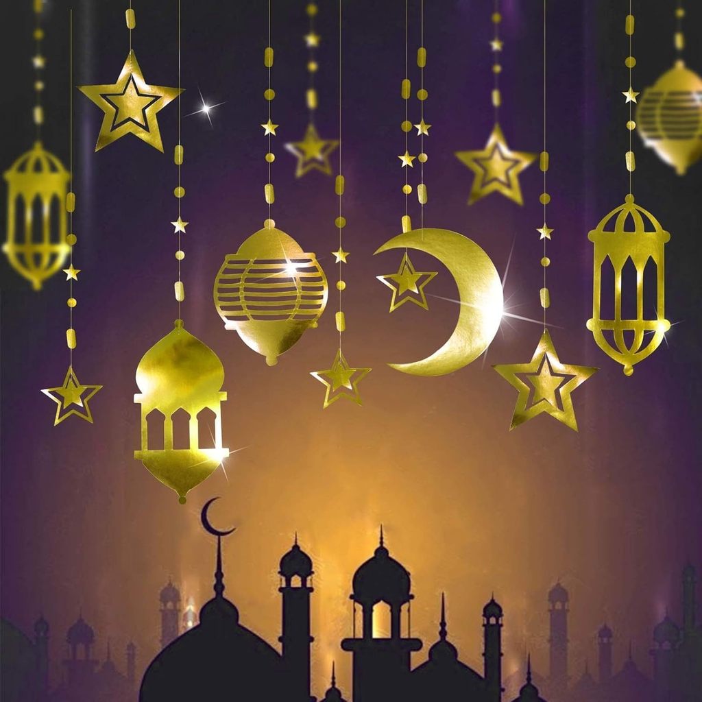 Ramadan hạnh phúc EID mubarak Vàng sao trăng đèn lồng hoa Vòng hoa trang trí tiệc ruy băng trang trí nhà