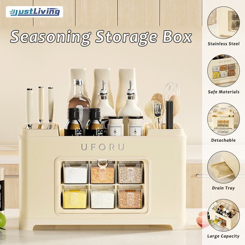 JustLiving Spice Rack Finisher Stainless Steel Kitchen Organizer - 4-in-1 Multi-Functional Storage Solution with Knife Rack/ Utensil Holder/ Shelf and Spice Container - Space Saver Large Capacity Dust-proof ราคา 2,069 บาท*ส่งฟรี