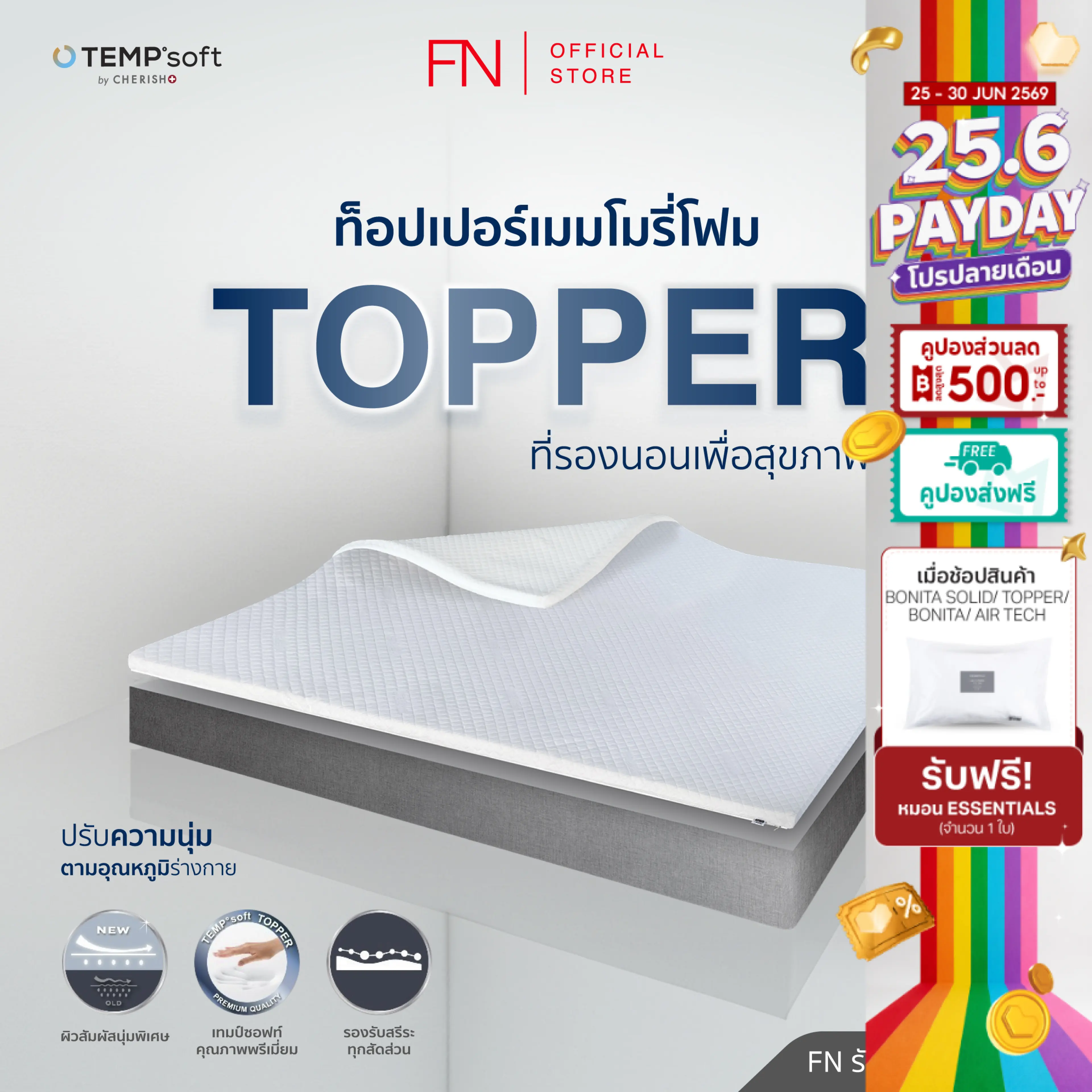 Fn Cherish Tempsoft Topper King Qreen Topper, a Mattress Topper for Healthy Sleeping, Size 6, 5 Feet, Ergonomic Topper, Innovative Technology to Adjust Softness According to Body Temperature, Available in 4 Sizes.