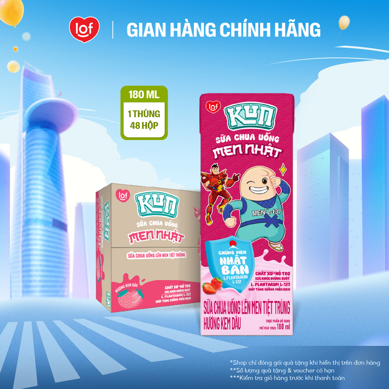 Sữa chua uống KUN vị kem dâu thùng 48 hộp x 180ml (Có thể nhận bao bì cũ/mới)