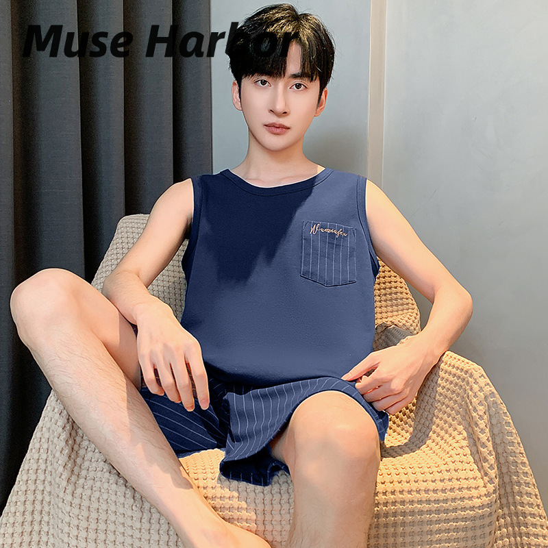 Muse Harbor new knitted cotton men's pajamas vest shorts set loose and breathable ราคา 390 บาท*ส่งฟรี