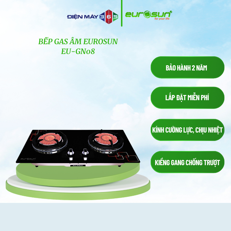 Bếp Gas Âm Hồng Ngoại 2 Vùng Nấu Eurosun EU-GN08 - Bụng Bếp Inox SUS 304 - Hàng Chính Hãng