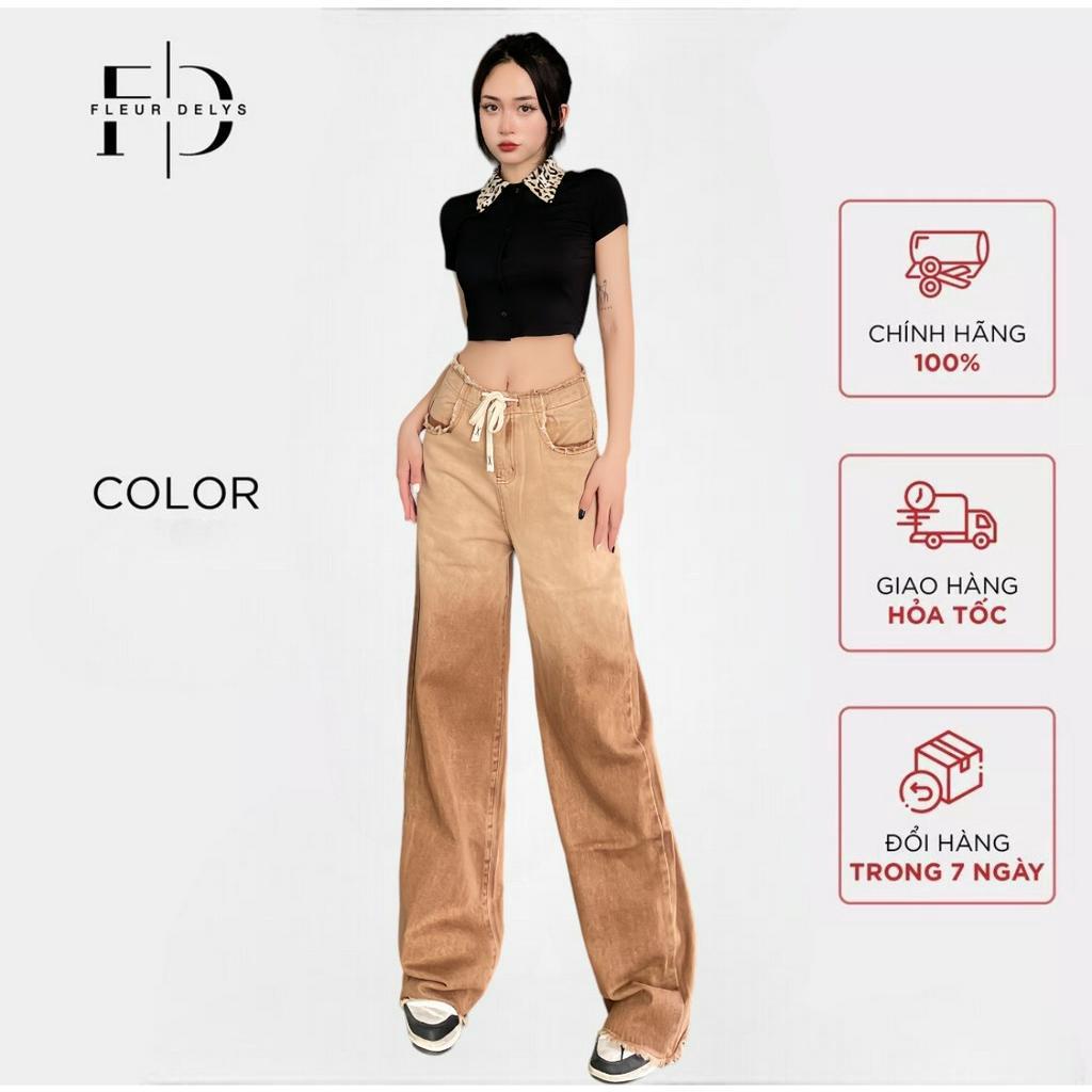 Quần jeans nâu ống suông nữ QJ0055 Delys loang màu ombre thắt dây dệt tôn dáng