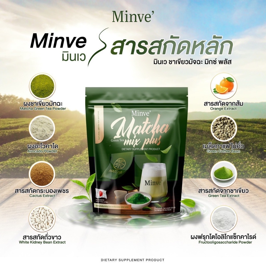 มินเว ชาเขียวมัทฉะ Minve Matcha Mix Plus ดีทอกซ์ ขับถ่าย อิ่มนาน ลดทานจุกจิก [ โปร 1 ห่อ ]