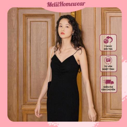 Váy nhún ngực - váy hai dây đũi xốp nhún ngực đen meliihomewear