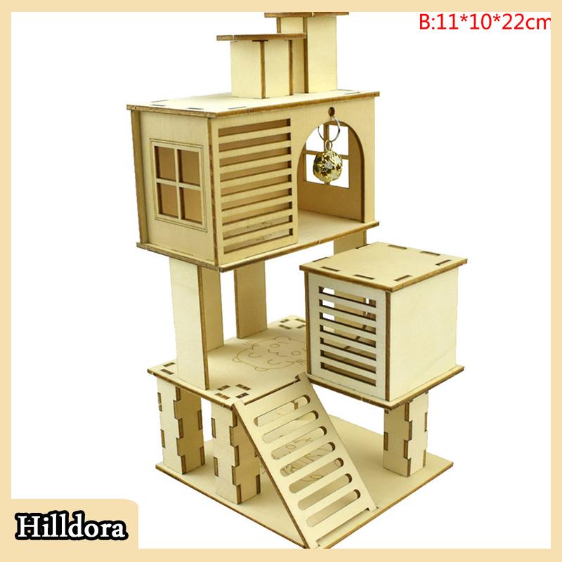[Hilldora] Lều gỗ ẨN NÁU cho Chuột Hamster đồ chơi trang trí Leo núi biệt thự Nhiều Tầng Hình động vật nhỏ - 6