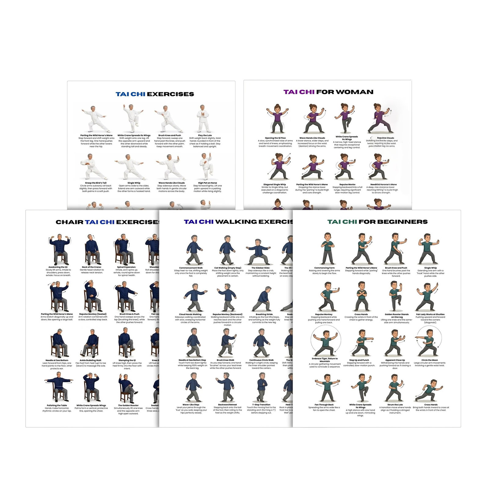 microgood Chi Poster for Seniors Tai Chi Workout Chart Tai Chi Workout 5-poster Set for Seniors – Beginner-friendly Walking Balance Exercise Charts Low-impact Fitness Wall Art for Elderly Mobility Home